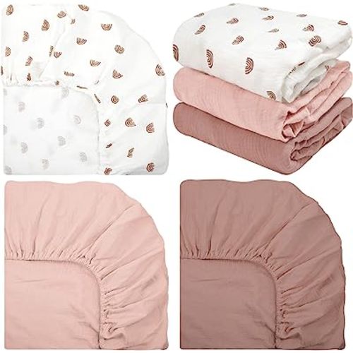 Newwiee 3 Pcs Crib Sheets Fitted 24'' x 38'', Mini Soft Muslin Crib Mattress Sheets for Girls and Boys(Classic)