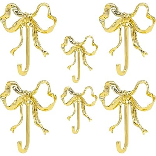 6 PCS Wall Hooks,Gold Bow Hook,Metal Hook,Wall Hooks for Hanging,Coats,Hats,Bags,Bath Towels and Room Decorations(4 Big&2 Small,Borehole)