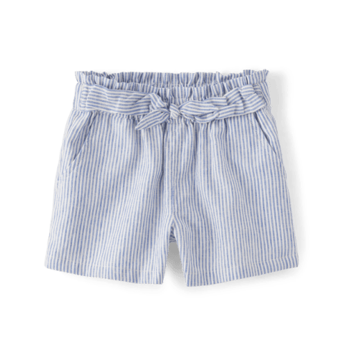 Girls Striped Linen-Blend Tie Front Shorts - Blue