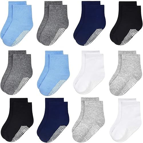GRPSKCOS Baby Socks Boys Girls, 12 Pairs Non Slip Socks Anti Skid Sticky Cotton Socks for 0-7 Years Infant Toddler Kids