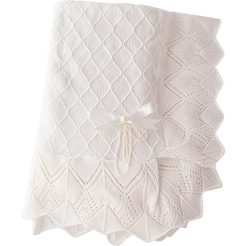 Booulfi Knit White Baby Blankets Neutral,Crib Stroller Newborn Blankets for Boys Girls,Cotton Lace Crochet Baby Winter Blanket Nursery Blankets New Baby Essentials, 38X39