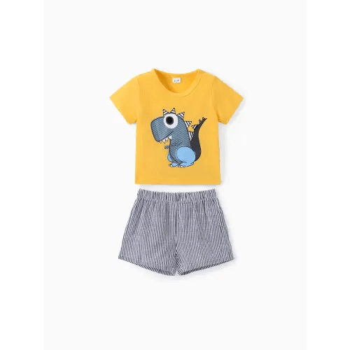 2pcs Baby Boy Cartoon Dinosaur Print Short-sleeve T-shirt and Pinstriped Shorts Set
