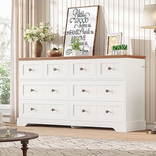 Hasuit White Dresser for Bedroom, Farmhouse 8 Drawers Dresser, 55" Wide Dressers Chest of Drawers with Hand Carved Panel, Large Wood Closet Storage Organizers Dressers for Bedroom, Living Room Hallway