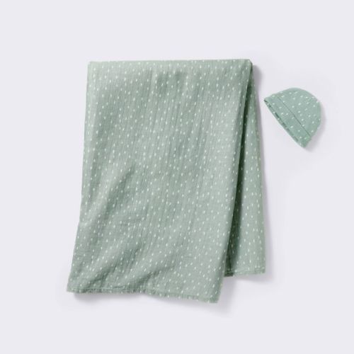 Hospital Muslin Swaddle and Hat Gift Set - 2ct - Green - Cloud Island™