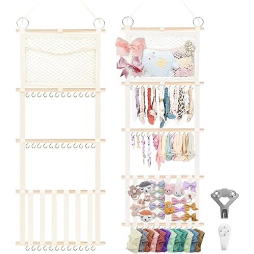 Munzong Headband Holder 52x17 inch, Hair Bow Organizer for Baby Girls, Beige Wall Hanging Wood Headband Organizers w/Storage Net, Hair Accessories Storage Hanger for Toddler Kids Nursery Room Decor