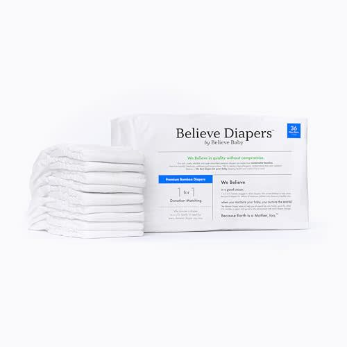 Believe Diapers Viscose Bamboo Diapers Size Newborn <10Lbs 36Count –Natural Baby Diapers, Chemical Free Natural Diapers for Sensitive Skin, Super Absorbent Clean Diapers, Unscented Plain White Diapers