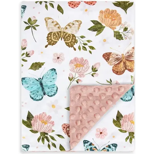 HOMRITAR Floral Baby Blanket for Girls Soft Comfy Minky Toddler Blanket with Double Layer Dotted Backing, Beauty Butterfly Printed Bed Blankets for Nursery Crib Decor 30 x 40 Inch (75 x 100 cm)