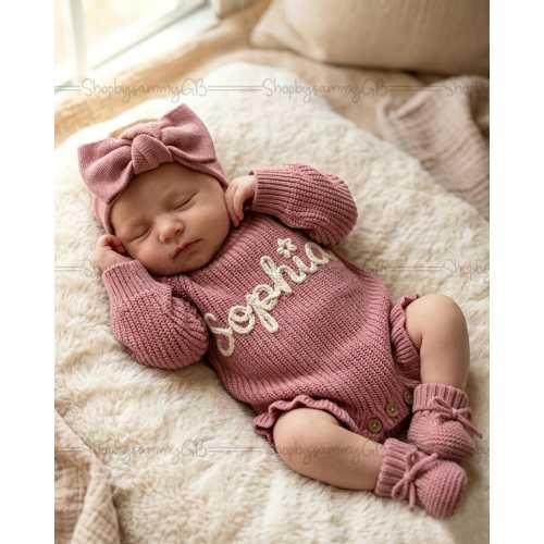 Personalized Baby Gift Set with Custom Name Knit Romper | Newborn Coming Home Outfit Girl | Embroidered Infant Clothes with Headband Booties