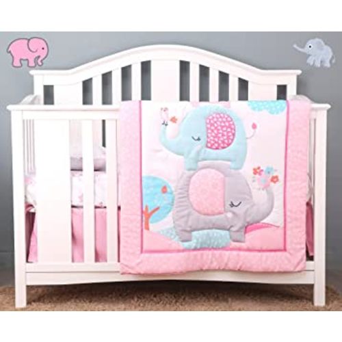 4 Pieces Baby Elephant Crib Bedding Sets for Boys and Girls | Baby Bedding Set of Crib Sheet, Quilt, Dust Ruffle for Standard Size Crib
