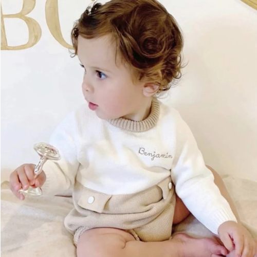 Theodore Tan Baby Romper - Size: 18m - Font: Lyla - Monogram: Jude