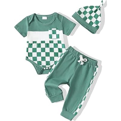 NZRVAWS Baby Boy Clothes Newborn Boy Outfit Infant Stripe Plaid Romper Long Pant Set Hat 3PC Clothing 0 3 6 9 12 Months
