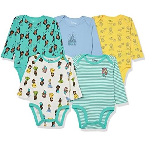 Amazon Essentials Disney | Marvel | Star Wars | Princess Baby Girls Long-Sleeve Bodysuits, Pack of 5