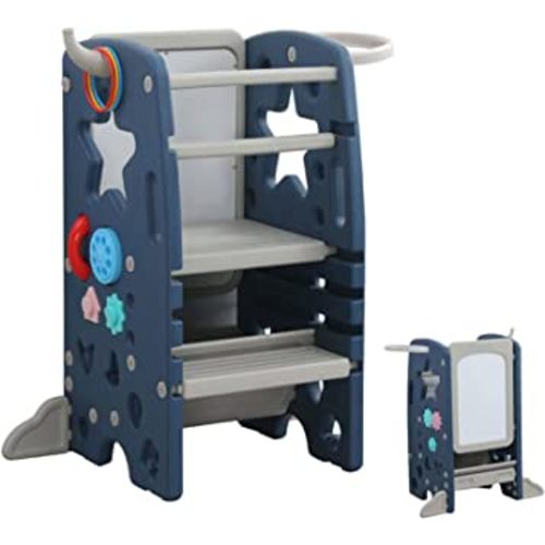 UNICOO –Kids Kitchen Step Stool with Double Safety Rails, Toddler Learning Stool with 3 Adjustable Heights and Non-Slip Foot Pads, Toddler Tower for Kitchen Countertop and Bathroom (OMLT-Dark Blue)