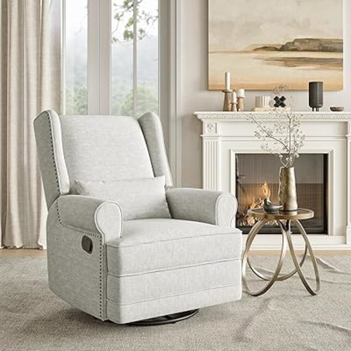RoyalCraft Swivel Recliner Chair with Extra Large Footrest, Comfy Upholstered Glider Rocking Chair for Living Room, Bedroom and Office, Off White