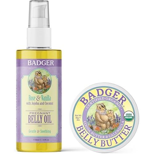 Badger Pregnant Belly Oil and Belly Butter, Rose & Vanilla, Certified Organic, Gentle & Soothing for Stretched Skin During & After Pregnancy