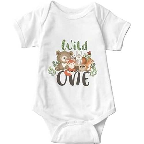 Wild One 1st Birthday Onesie Woodland Cute Animal Newborn One Year Boy Girl Baby Short Sleeve Infant 12 Months, White