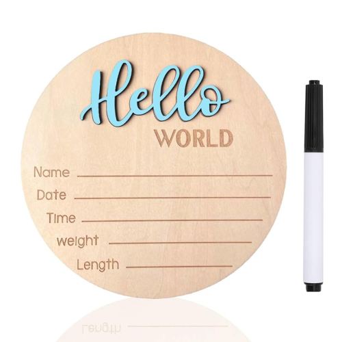 Baby Announcement Sign, ​5.9 Inch Wooden Hello World Newborn Signs, Birth Announcement Sign, Baby Shower Hospital Nursery for Newborn Boys and Girls (Sky Blue,Pen)