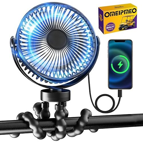 Rechargeable Golf Cart Fan, 12000mAh Stroller Fan, Adjustable 4 Speeds, LED Light, Power Bank, 360° Rotation, Portable Clip on Fans with Flexible Tripod for Club Car EZGO Yamaha