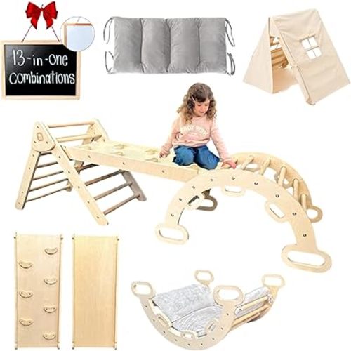 13-in-1 Pikler Triangle Set with Tent, Cushion, Blackboard, Whiteboard — Indoor Playground Jungle Gym, Toddler Montessori Toys, Wooden Baby Toys