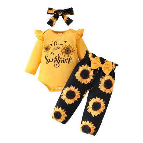 MYShe Clothes for Baby Girl Baby Girl 3pcs Ribbed Ruffle Long-Sleeve Romper And Print Fla Pants & Headband Set Yellow,12-18 Months