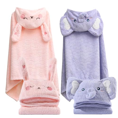 FOINEMYED 2 Pack Hooded Towels for Toddlers - Thick 55" x 27.5" Baby Bath Towel Set for Girls and Boys - Super Absorbent, Age 1-5, Elephant & Rabbit