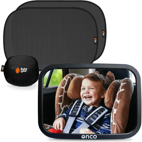 Onco Baby Car Mirror & Car Window Shades Bundle (18.9″ × 12″) - UPF 50+ Car Window Shade for Baby, 100% Shatter-Proof Car Mirror for Baby, Universal Shades & Baby Mirror for Car Journeys