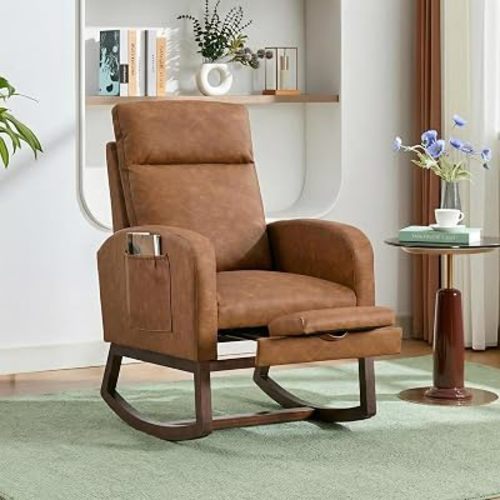 Modern Nursery Rocking Chair with Footrest, PU Upholstered Glider Rocker Armchair with High Back, Padded Seat & Side Pocket for Living Room, Bedroom, or Baby Room – Brown