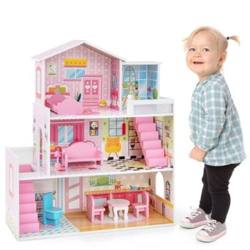 Costway Kids Wooden Dollhouse Playset With 5 Simulated Rooms & 10 Pieces Of Furniture