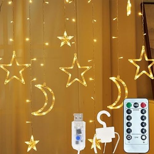 138 Led Curtain String Light Star Moon Icicle Light with 8 Lighting Modes with Timer Remote USB Operated Dimmable Fairy String for Window Wall Home Decoration