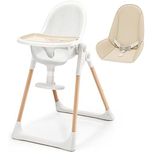 High Chairs for Babies and Toddlers, Foldable Baby High Chair with Non-Slip PU Cushion, Wooden High Chair with Adjustable Footrest Backrest Dishwasher Safe Tray, Easy to Clean Baby Highchair, Cream
