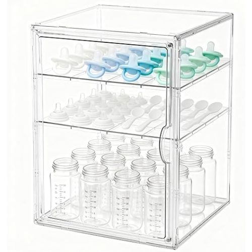 Baby Bottle Organizer, 3 Tiers Acrylic Bottle Storage Organizer Container, Clear Plastic Bottle Station Organizer with 2 Adjustable Dividers for Kitchen Countertop, Bathroom, Cabinet, Vanity