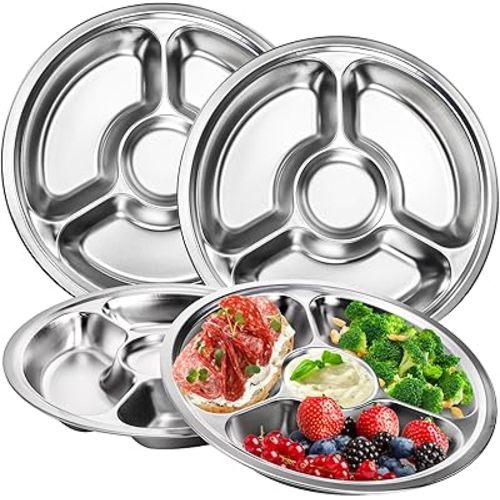 ZOOFOX Set of 4 Stainless Steel Divided Plates, Portion Control Plates with 4 Sections, Round Serving Platter, Cafeteria Mess Tray, Camping Dishes, 10 inches
