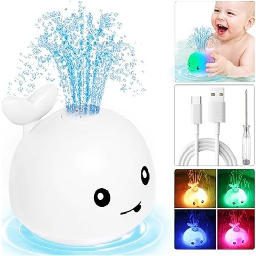 Whale Bath Toy Baby Gifts: Bath Toys for Toddlers 1-3 Sprinkler Light Up Bathtub Water Stuff Shower Gift Newborn Boy Essentials 3 4 5 7 8 9 18 Pool Toys Items 6-12 Month Old Girls Birthday Accessories - White