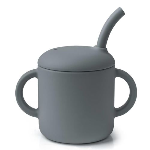Silicone Baby Cup with Straw, Straw Cup for 6 Months+, Leak Proof, 6 fl oz (Grey)