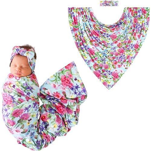 Posh Peanut Soft Baby Swaddle & Headband Set – Viscose from Bamboo Newborn Wrap Receiving Blanket, Nursing or Stroller Cover (Hadley