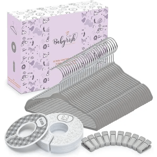 Velvet Baby Hangers 30 Pack, Ultra Thin Nonslip Nursery Clothes Hangers with 8pcs Cute Clothing Dividers and 10pcs Hanger Clips for Kids Baby Boys & Girls Closet Organizer, Grey