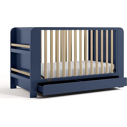 Graco Read-with-Me 4-in-1 Convertible Crib with Drawer - GREENGUARD Gold Certified Converts to Toddler Bed, Daybed, and Functional Bookshelves (Midnight Blue and Driftwood)