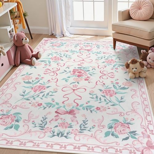 Collive Pink Floral Rugs for Girls, 5x7 Washable Bow Area Rug for Living Room, Cute Ultra-Thin Non Slip Indoor Decor Carpet for Nursery Kids Room Bedroom Playroom (Pink 5' x 7')