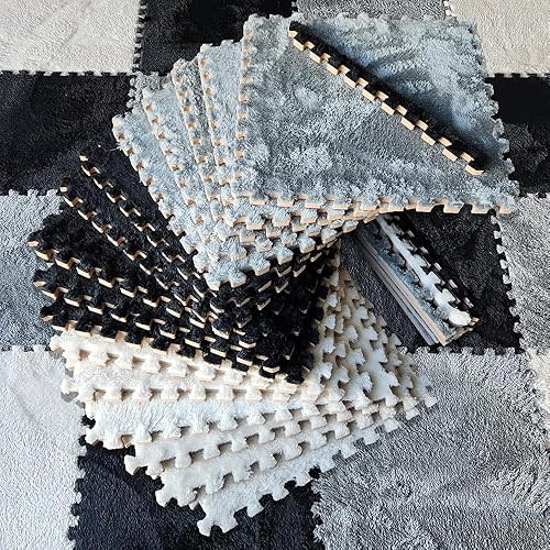 16 Piece Carpet Squares Puzzle Mat 49" x 49" Plush Interlocking Carpet Tiles, Foam Floor Tiles for Baby Play Mat - Kids Soft Play Mats Anti Slip Jigsaw Flooring Playmat Playroom Rug (Black,Gray,White)