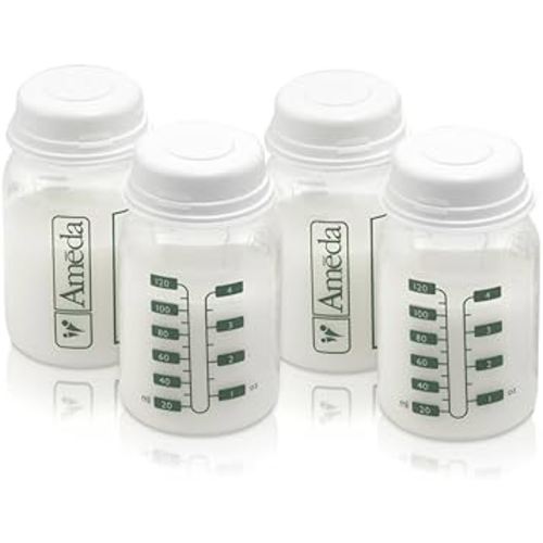 Ameda Breastmilk Storage Bottles with Lock-Tight Cap | 4.4 Ounce Breast Milk Storage Containers for Fridge (4 Count) | Breastmilk Storage Bag Alternative | Breastfeeding Supplies