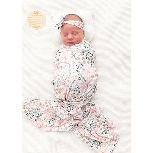 Newborn Baby Girl Receiving Blanket Swaddle Blanket Stretchy Knit Swaddle Set with Matching Headband and Beanie with a Name Card (Golden Floral)