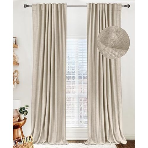 100% Blackout Shield Linen Blackout Curtains for Bedroom 92 Inches Long, Back Tab/Rod Pocket Living Room Drapes, Thermal Insulated Blackout Curtains 2 Panels Set, 50" W x 92" L, Oatmeal
