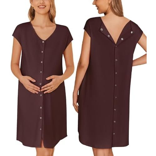 Ekouaer Labor/Delivery/Hospital Gown Nursing Nightgown Maternity Sleepwear With Pockets Postpartum Gowns with Button S-XXL