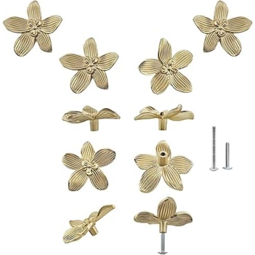 10 Pack Gold Flower Drawer Knobs, 60mm/ 2.36" Gold Decorative Floral Caninet Pulls, Creative Petal Knobs for Dresser Drawer, Bathroom Kitchen Cupboard Furniture Hardware (10 Flower)