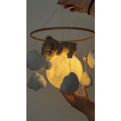 Nursery Night Light Mobile with USB and Remote  Bear on Moon Baby Crib Mobile, Adjustable Light Color & Brightness, Cloud Mobile Lamp