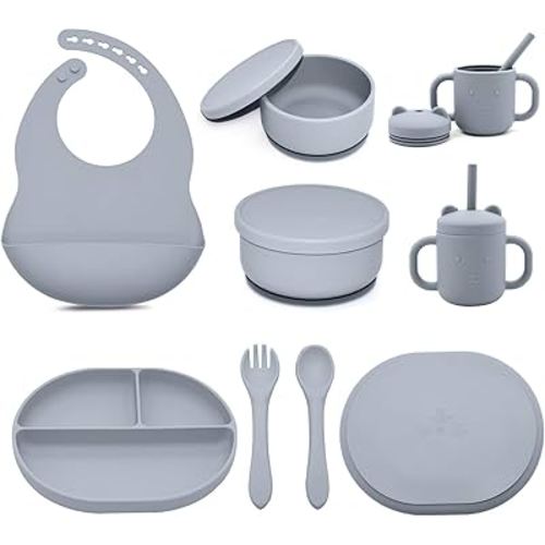 Silicone Baby Feeding Set - Suction Bowl with Lid & Divided Toddler Plates Adjustable Bib Sippy Cup Spoons Forks -Baby Led Weaning Supplies,Toddler Baby Dish Set for 6+ Months