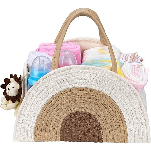 Baby Diaper Caddy Organizer, Baby Basket for Diapers and Baby Wipes, Newborn Essentials for Boys and Girls, Gift for Baby Shower,Rainbow Brown
