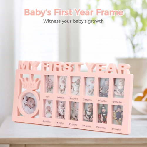 Newborn Baby Picture Frame, My First Year Newborn Keepsake Frame 12 Months, Baby Shower Gift Photo Frame for Memories, Pink