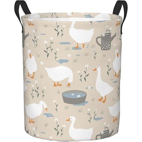 Cute Doodle Goose Flowers Collapsible Laundry Basket with Handle Waterproof Hamper Storage Organizer Large Bins for Dirty Clothes,toys
