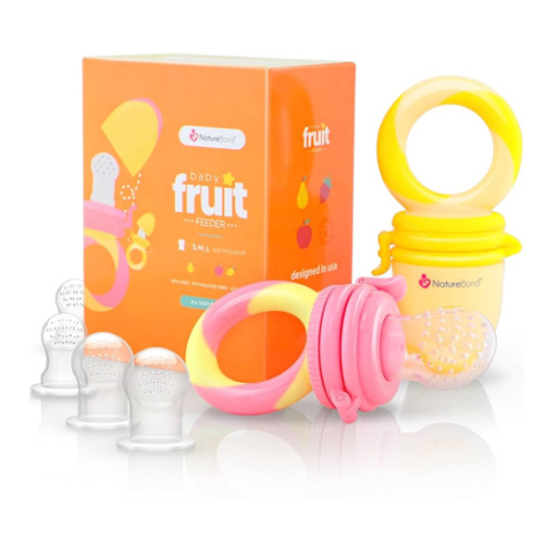 NatureBond Baby Food Feeder/Fruit Feeder Pacifier Nibbler (2 Pack) - Infant Teething Toy Teether Weaning in Appetizing Colors | + Additional Silicone Sacs